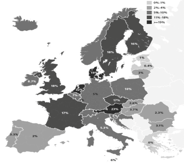 Sociale huisvesting als percentage van de totale woningvoorraad, Europa 2012 