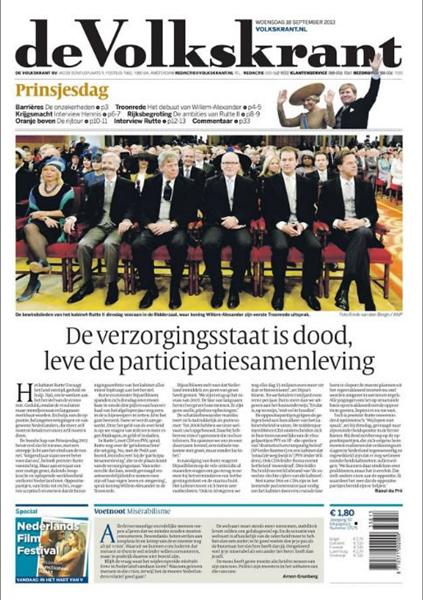 Voorpagina Volkskrant in 2013 nadat in de Troonrede de participatiesamenleving was geproclameerd.